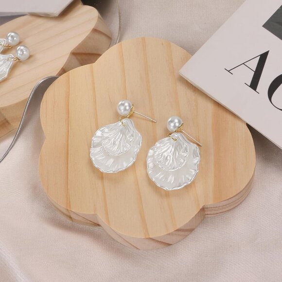 Women's Shell Pearl Earring Silver Bow Drop Jewelry Freshwater Pearl Bridal - Picture 3 of 6